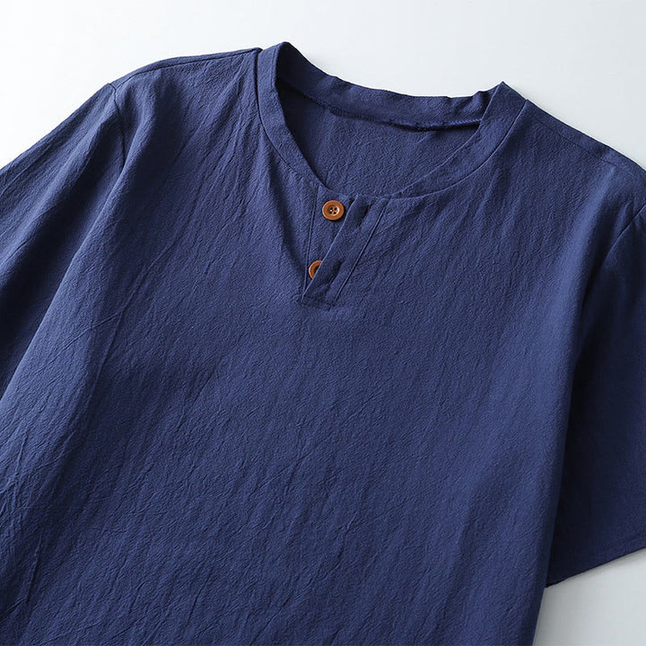 T-shirt ample pour homme Buddha Stones, couleur unie, manches courtes, col cranté, chemise en coton et lin doux - image 4