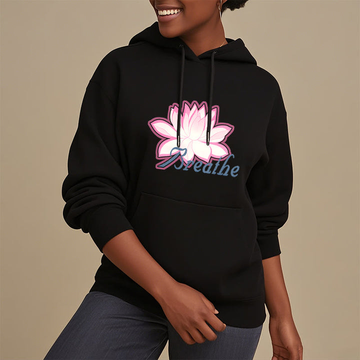 Sweat à capuche en polyester doublé Buddha Stones BREATHE Lotus Flower