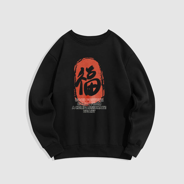 Sweat-shirt en polyester doublé polaire Buddha Stones Fu La bonne fortune vient d'un cœur compatissant