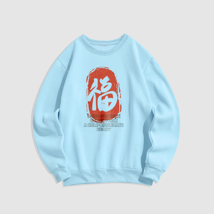 Sweat-shirt en polyester doublé polaire Buddha Stones Fu La bonne fortune vient d'un cœur compatissant