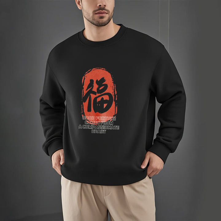 Sweat-shirt en polyester doublé polaire Buddha Stones Fu La bonne fortune vient d'un cœur compatissant