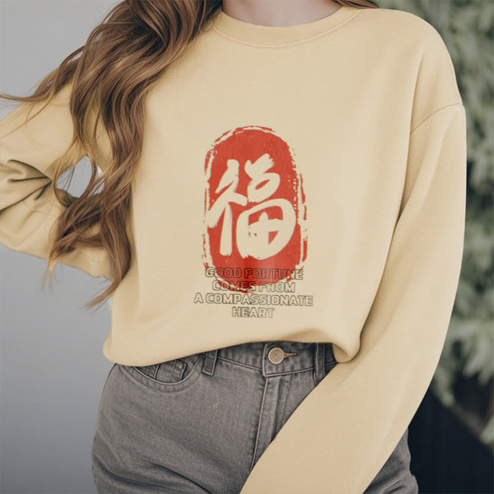 Sweat-shirt en polyester doublé polaire Buddha Stones Fu La bonne fortune vient d'un cœur compatissant