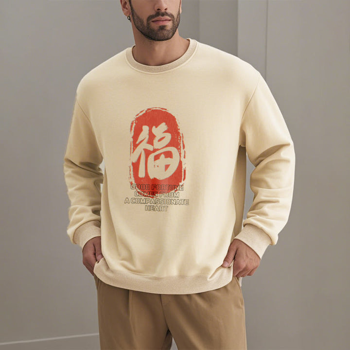 Sweat-shirt en polyester doublé polaire Buddha Stones Fu La bonne fortune vient d'un cœur compatissant