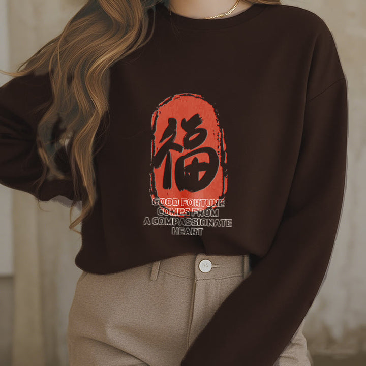 Sweat-shirt en polyester doublé polaire Buddha Stones Fu La bonne fortune vient d'un cœur compatissant