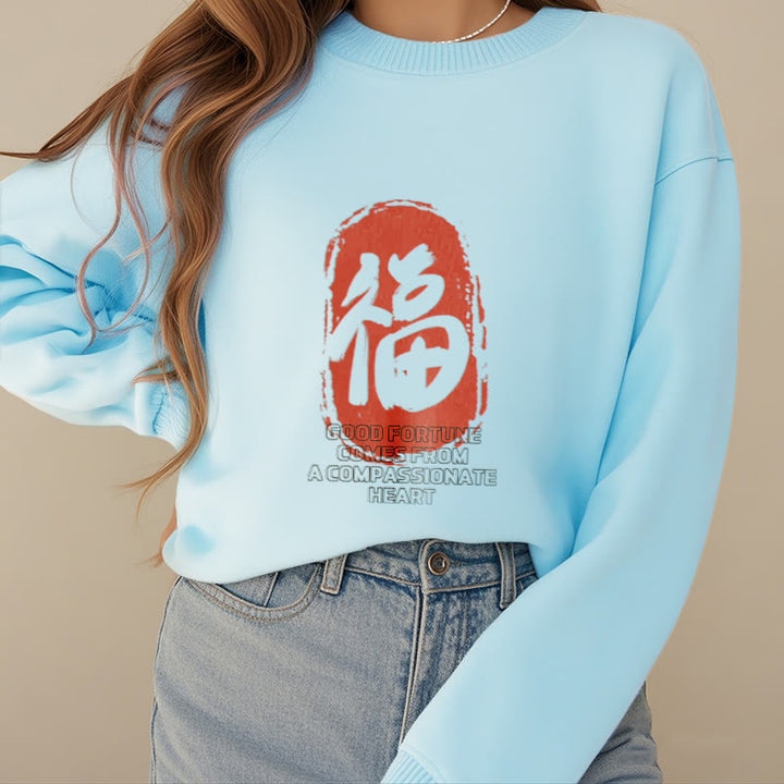 Sweat-shirt en polyester doublé polaire Buddha Stones Fu La bonne fortune vient d'un cœur compatissant