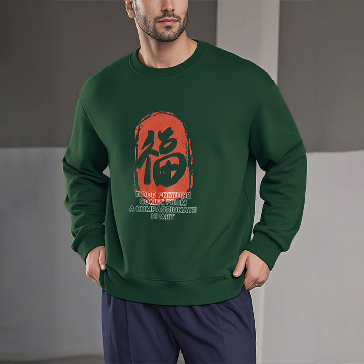 Sweat-shirt en polyester doublé polaire Buddha Stones Fu La bonne fortune vient d'un cœur compatissant