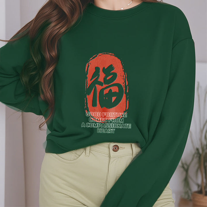 Sweat-shirt en polyester doublé polaire Buddha Stones Fu La bonne fortune vient d'un cœur compatissant
