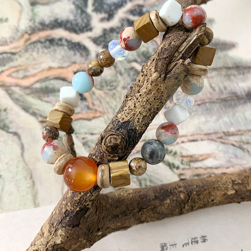 Bracelet de bénédiction calme en Buddha Stones d'agate rouge Shoushan en turquoise blanche