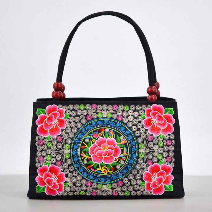 Sac à main en toile brodé recto verso Buddha Stones Galsang Inula Fleur Pivoine Paon