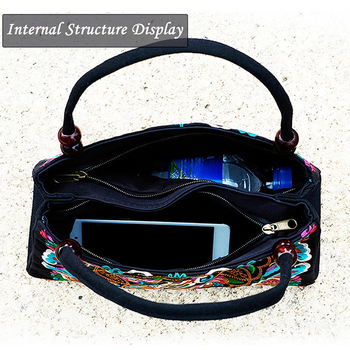 Sac à main en toile brodé recto verso Buddha Stones Galsang Inula Fleur Pivoine Paon