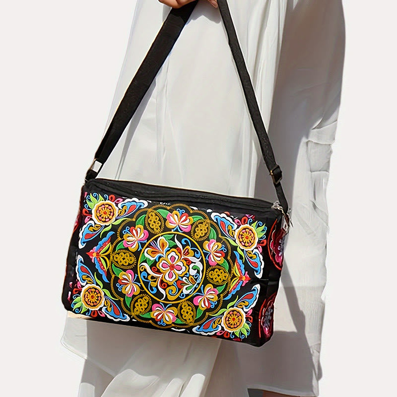 Sac à main en toile brodé recto verso Buddha Stones Galsang Inula Fleur Pivoine Paon