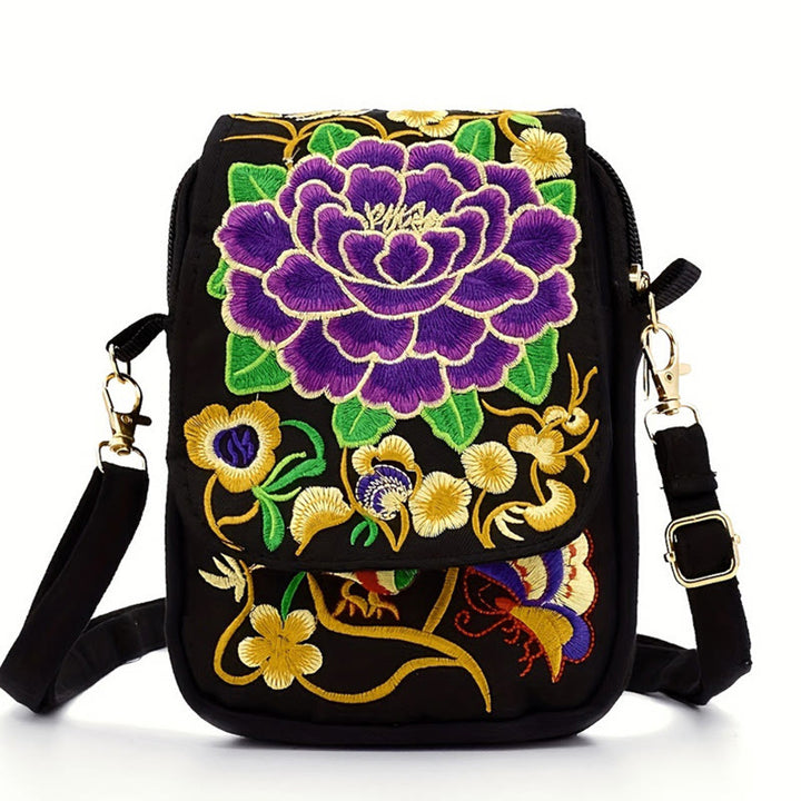 Sac à main en toile avec broderie de fleurs d'inula et de pivoine de Buddha Stones