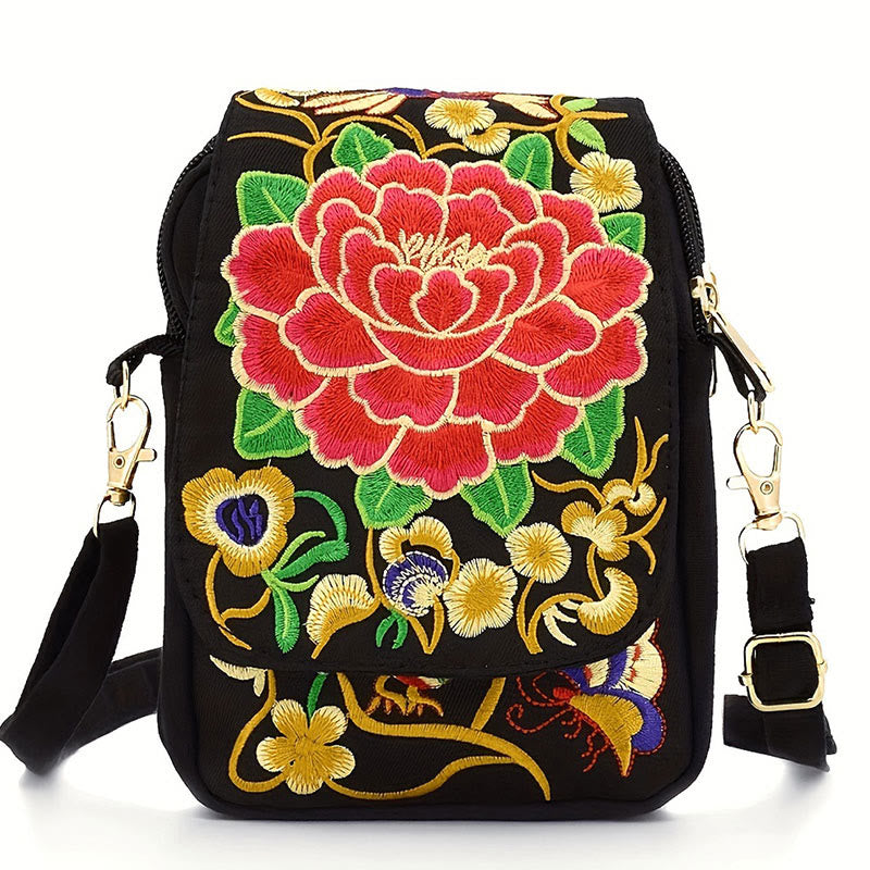 Sac à main en toile avec broderie de fleurs d'inula et de pivoine de Buddha Stones
