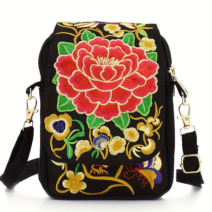 Sac à main en toile avec broderie de fleurs d'inula et de pivoine de Buddha Stones