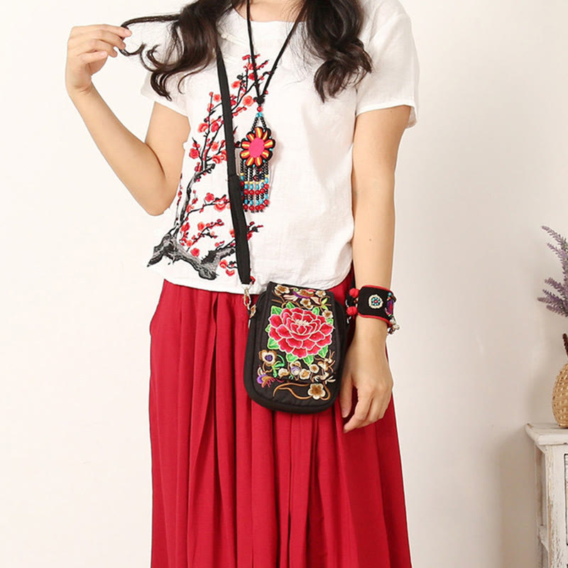 Sac à main en toile avec broderie de fleurs d'inula et de pivoine de Buddha Stones