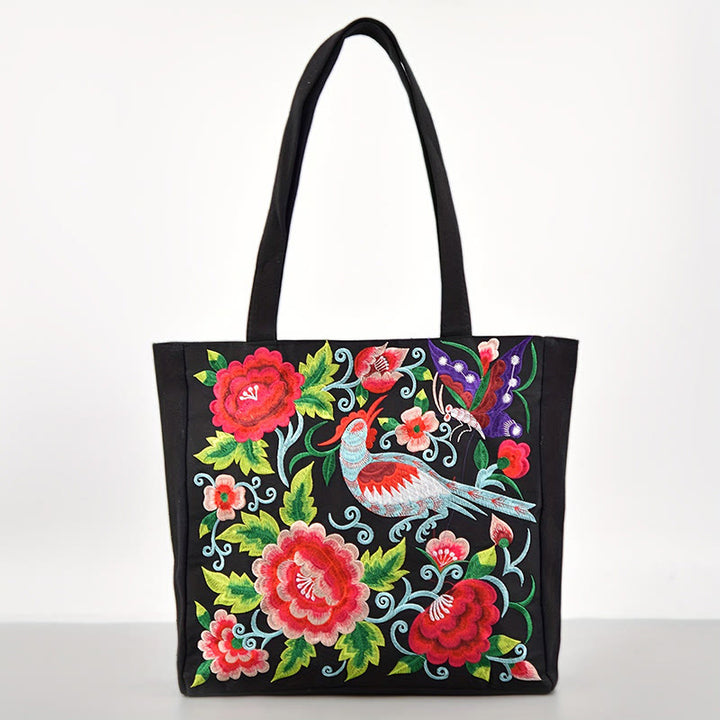 Sac à main en toile brodée Buddha Stones Galsang Magpie Pivoine Camélia Chrysanthème