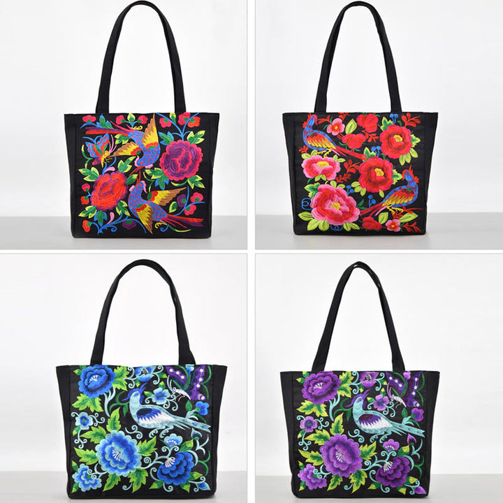 Sac à main en toile brodée Buddha Stones Galsang Magpie Pivoine Camélia Chrysanthème