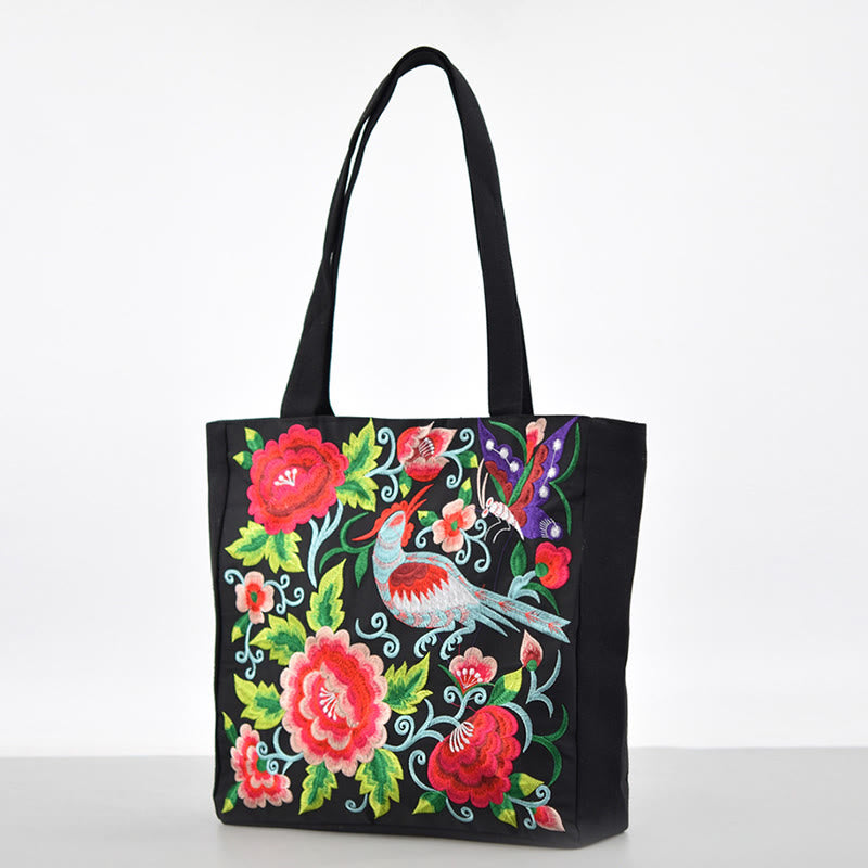 Sac à main en toile brodée Buddha Stones Galsang Magpie Pivoine Camélia Chrysanthème