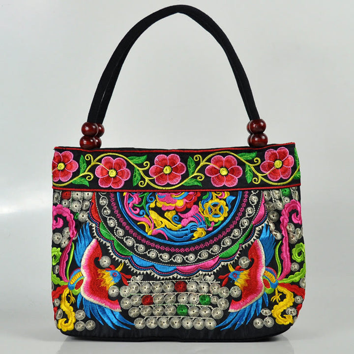 Sac à main en toile de coton avec broderie recto verso , Buddha Stones, arbre à argent, pivoine, phénix, fleur de pommier