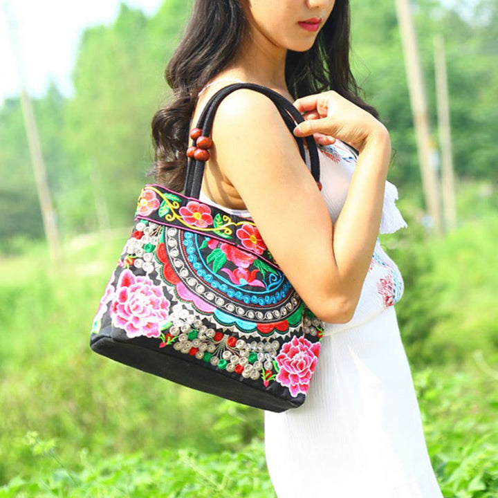 Sac à main en toile de coton avec broderie recto verso , Buddha Stones, arbre à argent, pivoine, phénix, fleur de pommier