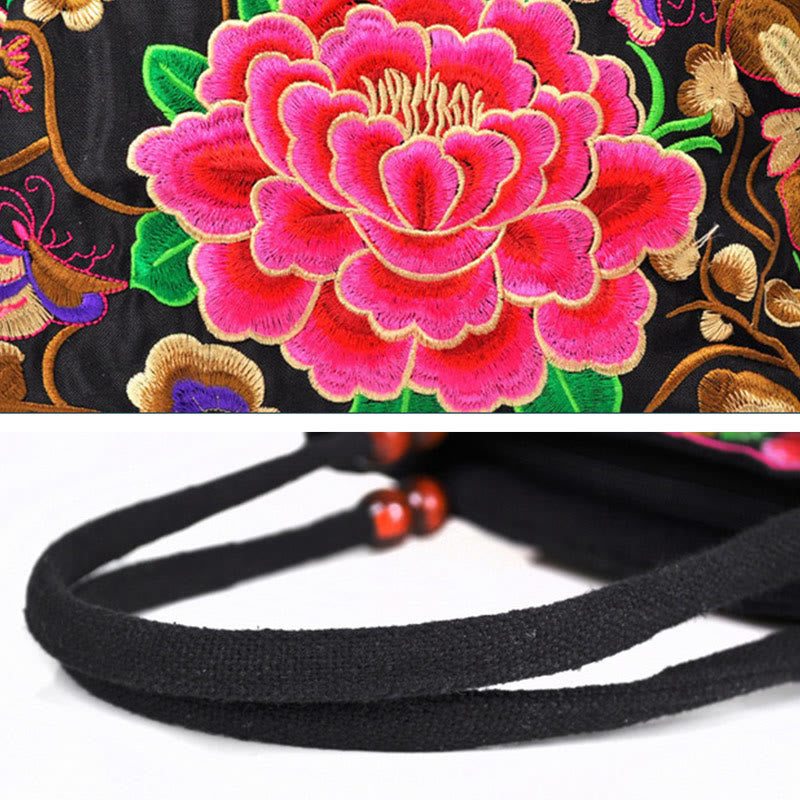 Sac à main en toile de coton avec broderie recto verso , Buddha Stones, arbre à argent, pivoine, phénix, fleur de pommier