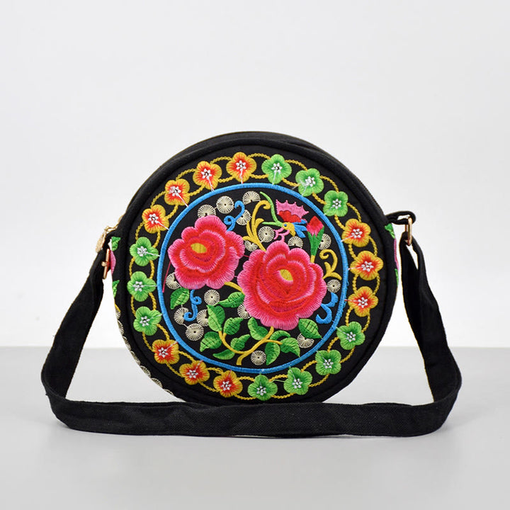 Buddha Stones à Argent Galsang Inula Fleur Pivoine Rose Paon Broderie Recto-Verso Toile Sac à Main Sac à Bandoulière