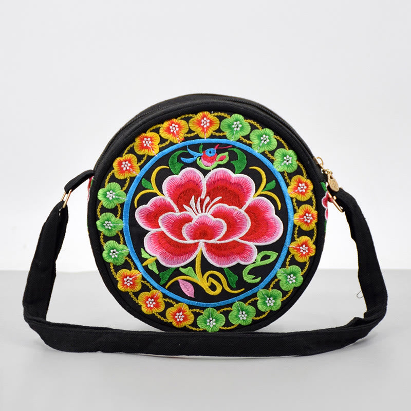Buddha Stones à Argent Galsang Inula Fleur Pivoine Rose Paon Broderie Recto-Verso Toile Sac à Main Sac à Bandoulière