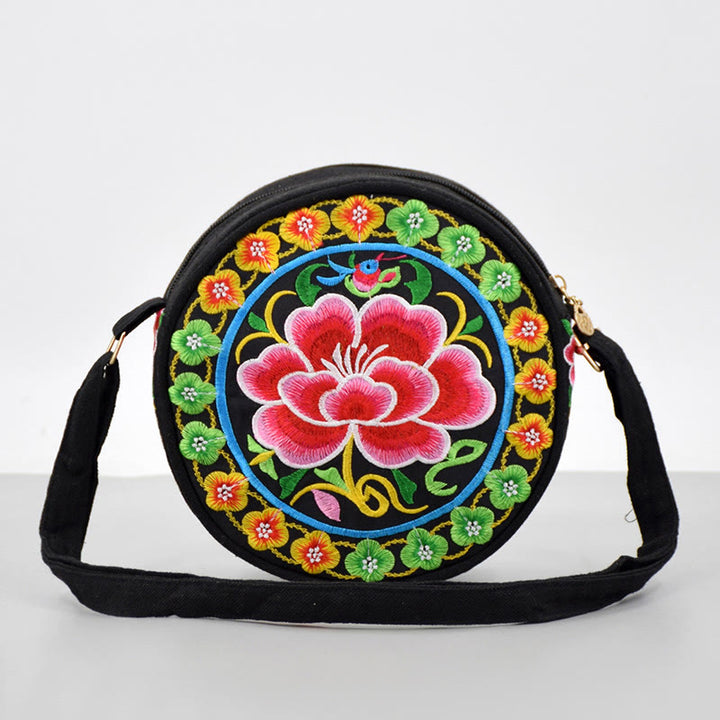 Buddha Stones à Argent Galsang Inula Fleur Pivoine Rose Paon Broderie Recto-Verso Toile Sac à Main Sac à Bandoulière