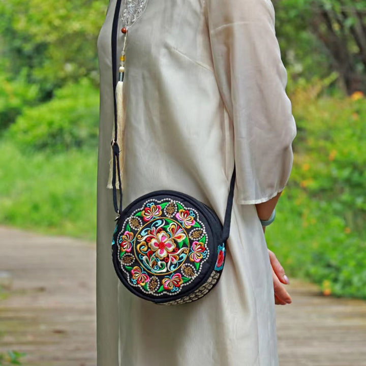 Buddha Stones à Argent Galsang Inula Fleur Pivoine Rose Paon Broderie Recto-Verso Toile Sac à Main Sac à Bandoulière