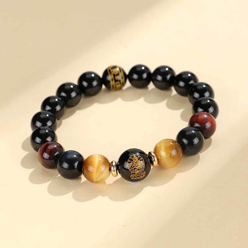 Bracelet de soutien Bouddha Natal en Buddha Stones en onyx noir et œil de tigre Om Mani Padme Hum du zodiaque chinois