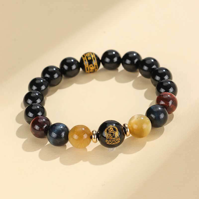 Bracelet de soutien Bouddha Natal en Buddha Stones en onyx noir et œil de tigre Om Mani Padme Hum du zodiaque chinois