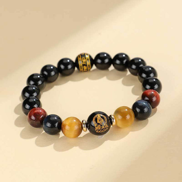 Bracelet de soutien Bouddha Natal en Buddha Stones en onyx noir et œil de tigre Om Mani Padme Hum du zodiaque chinois