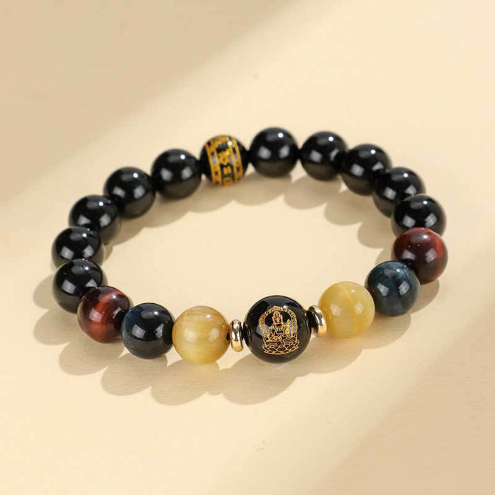 Bracelet de soutien Bouddha Natal en Buddha Stones en onyx noir et œil de tigre Om Mani Padme Hum du zodiaque chinois