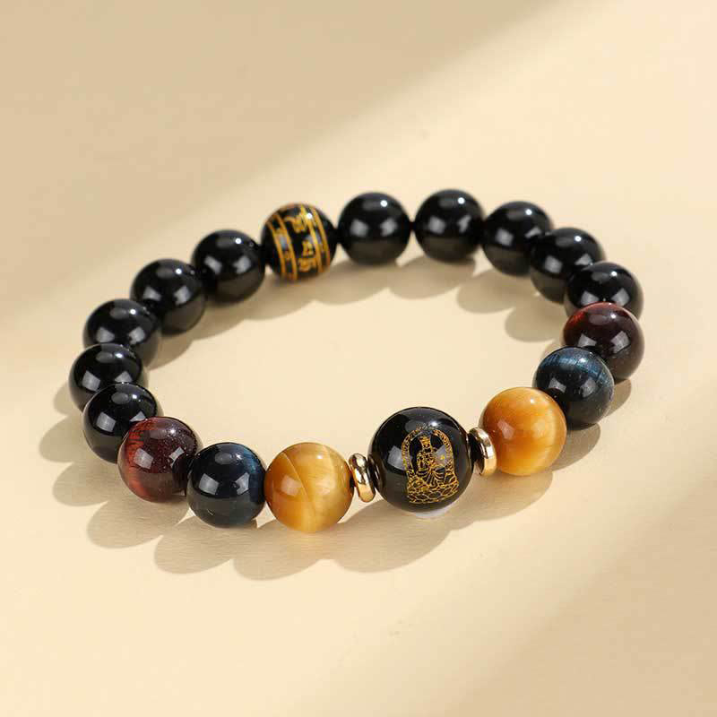 Bracelet de soutien Bouddha Natal en Buddha Stones en onyx noir et œil de tigre Om Mani Padme Hum du zodiaque chinois