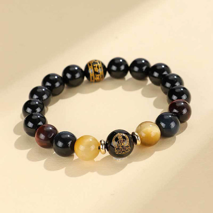 Bracelet de soutien Bouddha Natal en Buddha Stones en onyx noir et œil de tigre Om Mani Padme Hum du zodiaque chinois