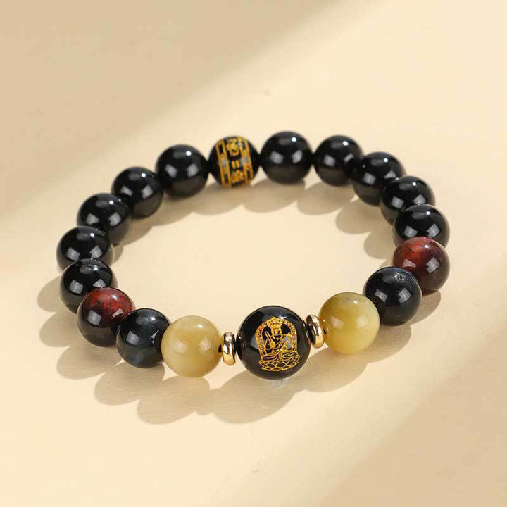 Bracelet de soutien Bouddha Natal en Buddha Stones en onyx noir et œil de tigre Om Mani Padme Hum du zodiaque chinois