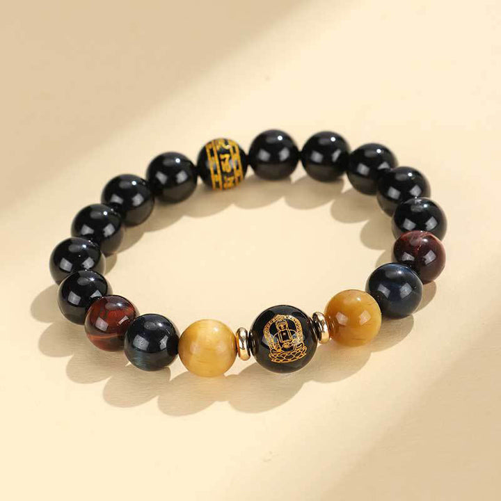 Bracelet de soutien Bouddha Natal en Buddha Stones en onyx noir et œil de tigre Om Mani Padme Hum du zodiaque chinois