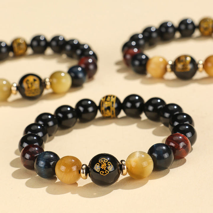 Bracelet de soutien Bouddha Natal en Buddha Stones en onyx noir et œil de tigre Om Mani Padme Hum du zodiaque chinois