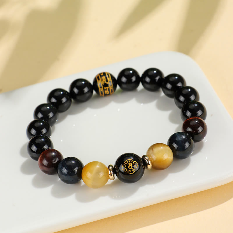 Bracelet de soutien Bouddha Natal en Buddha Stones en onyx noir et œil de tigre Om Mani Padme Hum du zodiaque chinois