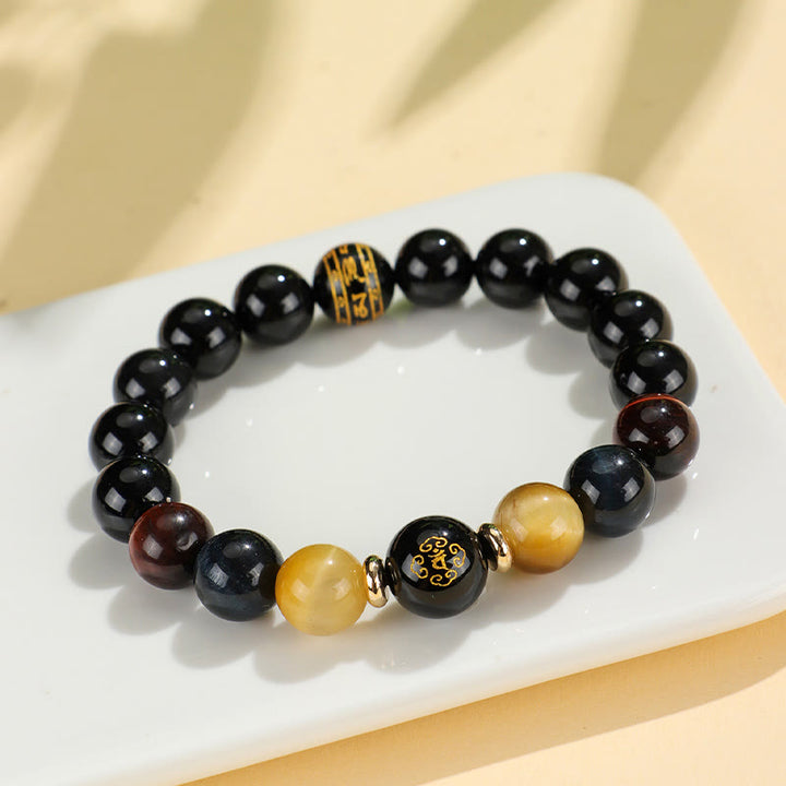 Bracelet de soutien Bouddha Natal en Buddha Stones en onyx noir et œil de tigre Om Mani Padme Hum du zodiaque chinois