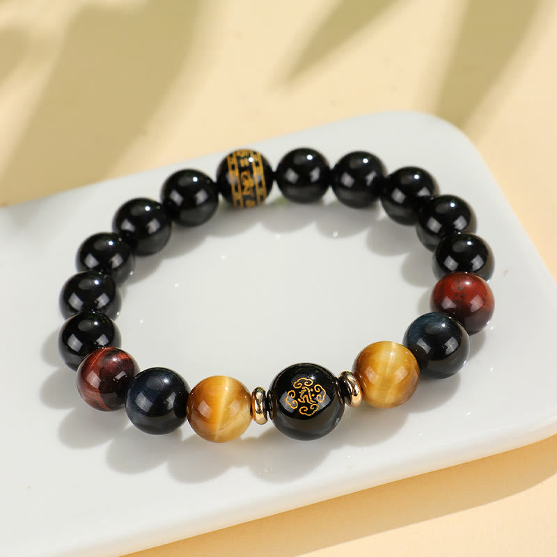 Bracelet de soutien Bouddha Natal en Buddha Stones en onyx noir et œil de tigre Om Mani Padme Hum du zodiaque chinois