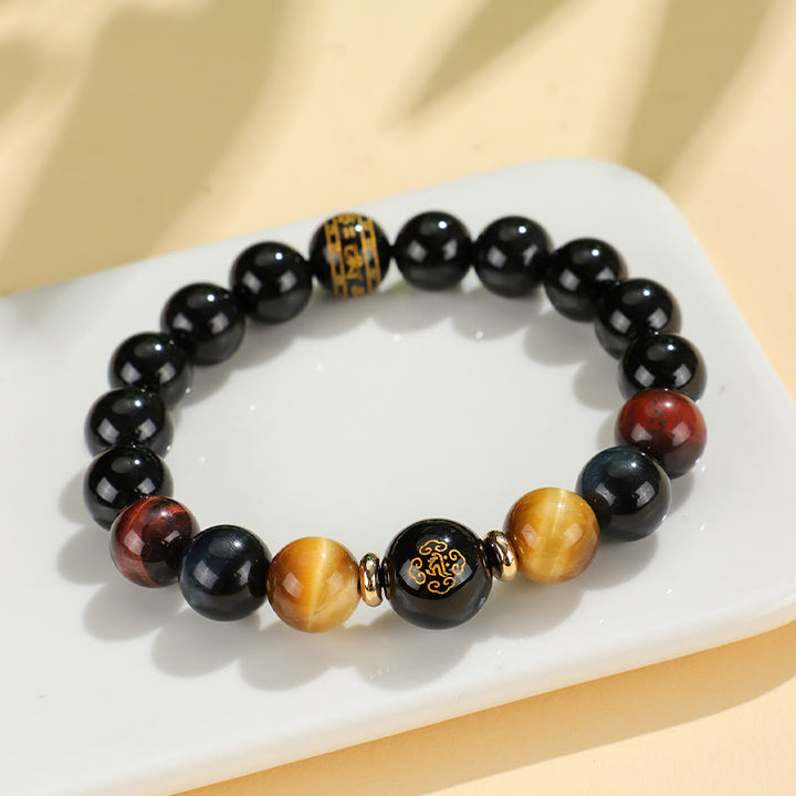 Bracelet de soutien Bouddha Natal en Buddha Stones en onyx noir et œil de tigre Om Mani Padme Hum du zodiaque chinois