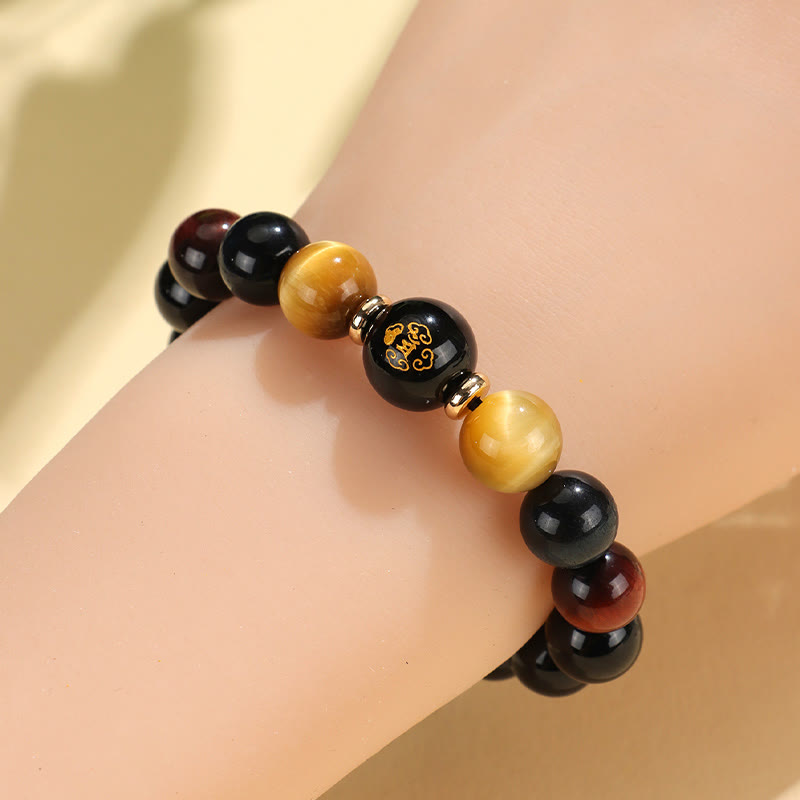 Bracelet de soutien Bouddha Natal en Buddha Stones en onyx noir et œil de tigre Om Mani Padme Hum du zodiaque chinois