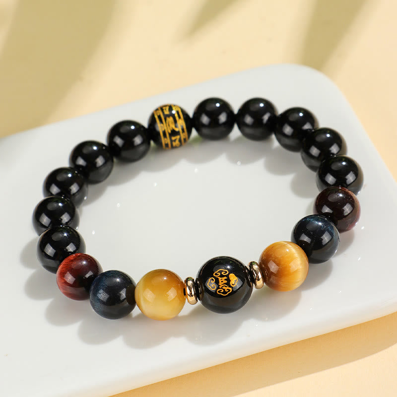 Bracelet de soutien Bouddha Natal en Buddha Stones en onyx noir et œil de tigre Om Mani Padme Hum du zodiaque chinois