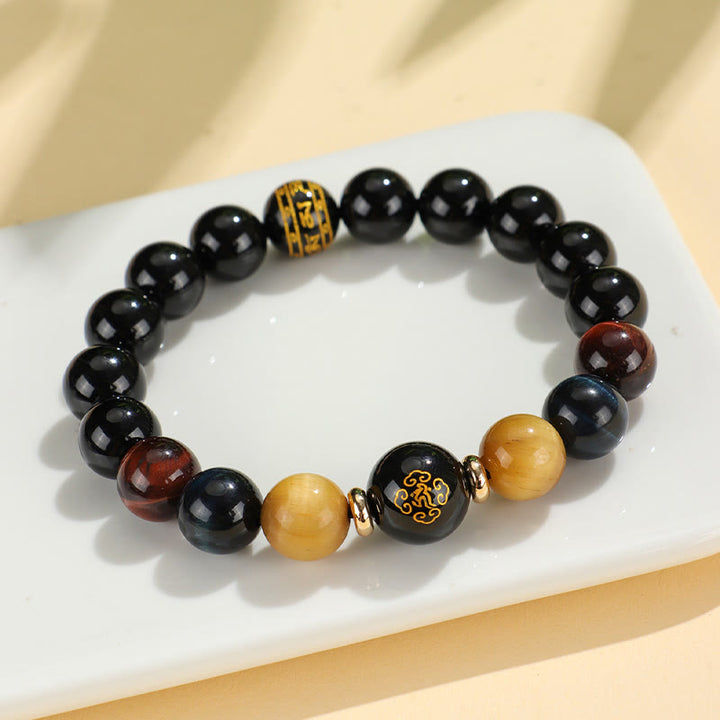 Bracelet de soutien Bouddha Natal en Buddha Stones en onyx noir et œil de tigre Om Mani Padme Hum du zodiaque chinois
