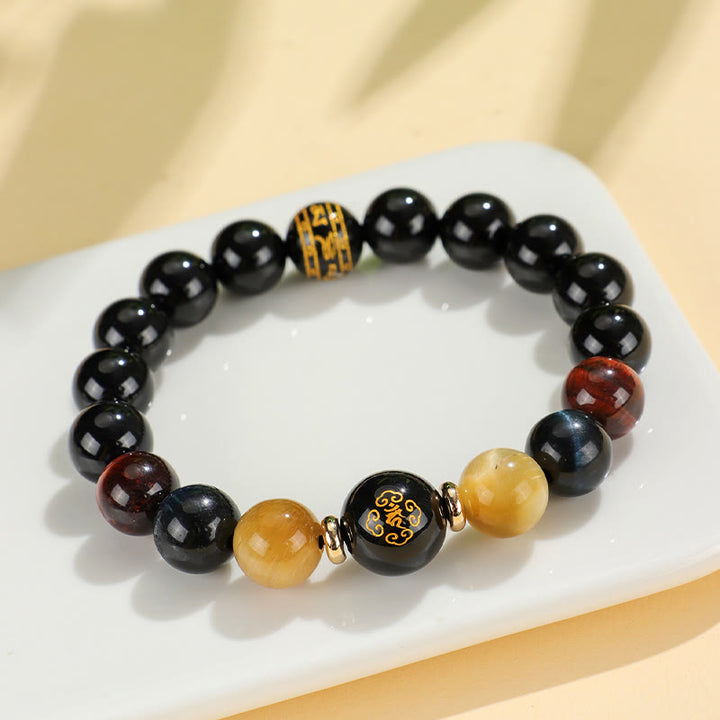 Bracelet de soutien Bouddha Natal en Buddha Stones en onyx noir et œil de tigre Om Mani Padme Hum du zodiaque chinois