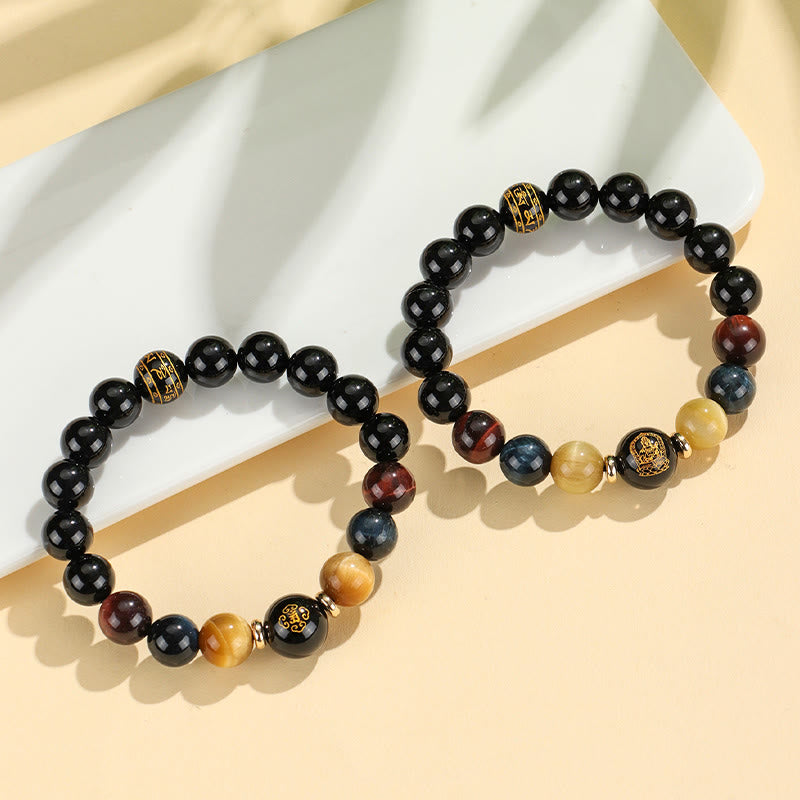 Bracelet de soutien Bouddha Natal en Buddha Stones en onyx noir et œil de tigre Om Mani Padme Hum du zodiaque chinois