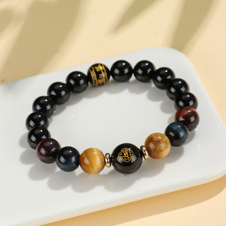 Bracelet de soutien Bouddha Natal en Buddha Stones en onyx noir et œil de tigre Om Mani Padme Hum du zodiaque chinois