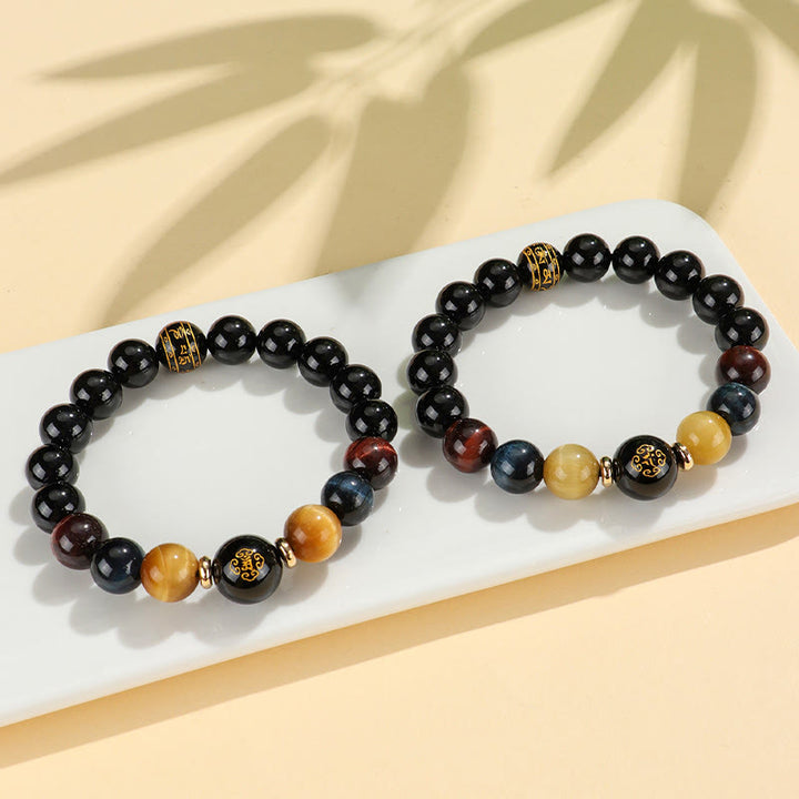 Bracelet de soutien Bouddha Natal en Buddha Stones en onyx noir et œil de tigre Om Mani Padme Hum du zodiaque chinois