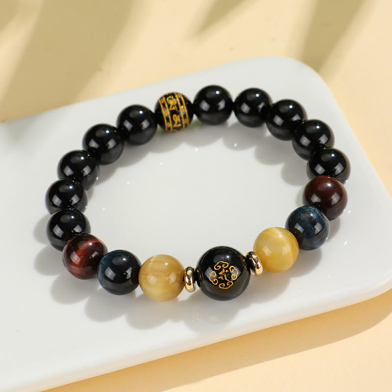 Bracelet de soutien Bouddha Natal en Buddha Stones en onyx noir et œil de tigre Om Mani Padme Hum du zodiaque chinois